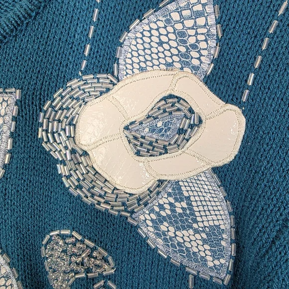 VTG 80s Regency Collection for Joyce Teal Floral Applique Sweater XL - Picture 3 of 10